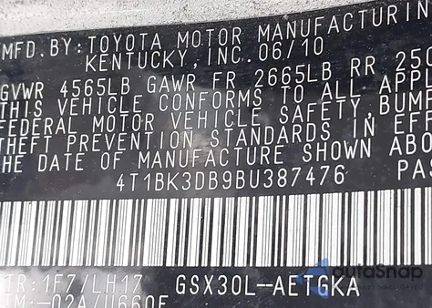 2011 Toyota Avalon z USA, uszkodzony, nr VIN 4T1BK3DB9BU387476